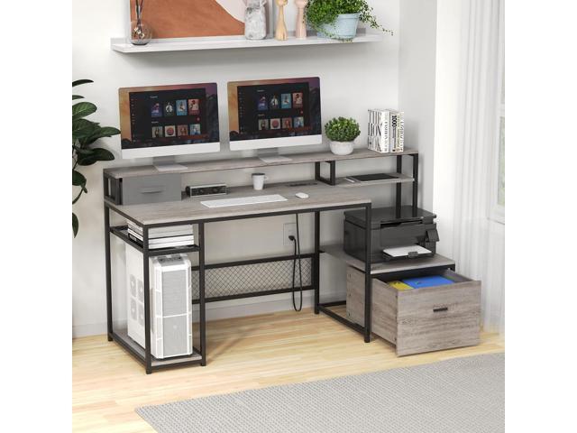 Home Office Desks with Drawers, 66'' Computer Desk with Storage, Office Desk with Monitor Stand, Work Desk with Outlets and USB, Gaming Table Desk...