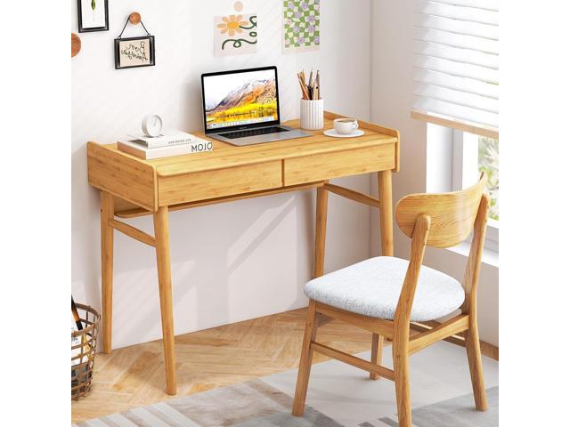 Tangkula Bamboo Mid Century Desk with 2 Storage Drawers, Home Office Study Writing Desk with Shelf & Cable Management Groove, Home Office Desk for...
