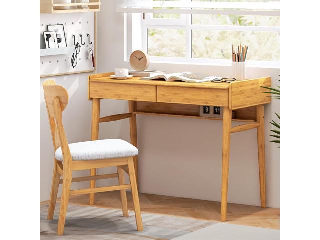 Tangkula Bamboo Mid Century Desk with 2 Storage Drawers, Home Office Study Writing Desk with Shelf & Cable Management Groove, Home Office Desk for...
