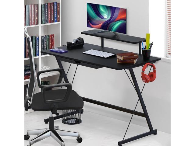 SHW 40-Inch Gaming Desk with Monitor Riser, Drawer and Hooks, Black