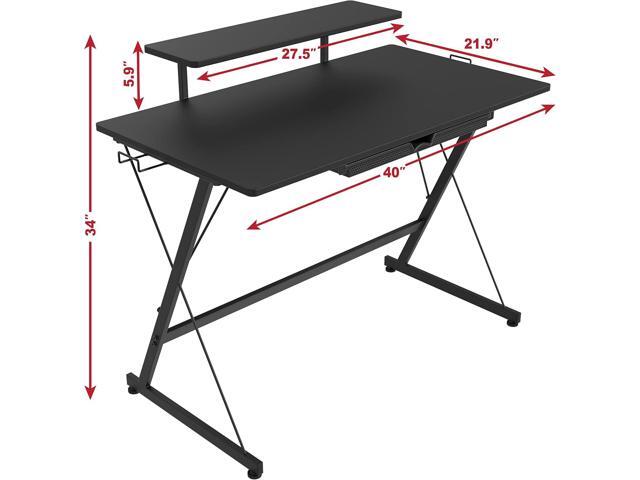 SHW 40-Inch Gaming Desk with Monitor Riser, Drawer and Hooks, Black
