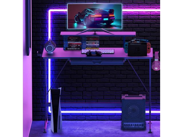 SHW 40-Inch Gaming Desk with Monitor Riser, Drawer and Hooks, Black