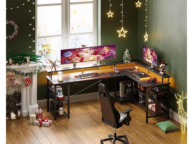 ODK 66' L Shaped Gaming Desk with Power Outlet and LED Lights, Reversible L Shaped Desk with Storage Shelves & Monitor Stand, Gaming Desk with USB...