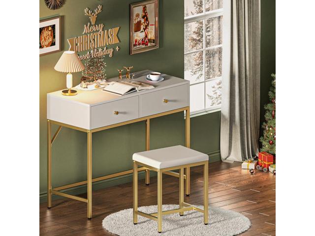 SUPERJARE 35.4' White and Gold Desk with 2 Drawers, Modern Makeup Vanity Desk with Padded Stool, Small Computer Desk Home Office Desk for Writing...