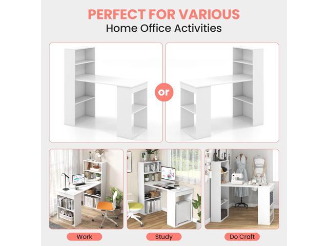 48 Inch Computer Desk with Bookshelf, Reversible Study Writing Desk with Storage Shelves & CPU Stand, Compact Office Desks & Workstations, White...