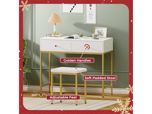 SUPERJARE 35.4' White and Gold Desk with 2 Drawers, Modern Makeup Vanity Desk with Padded Stool, Small Computer Desk Home Office Desk for Writing...