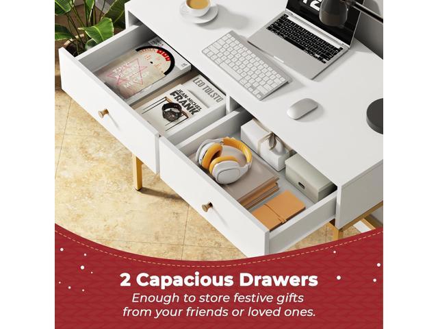 SUPERJARE 35.4' White and Gold Desk with 2 Drawers, Modern Makeup Vanity Desk with Padded Stool, Small Computer Desk Home Office Desk for Writing...