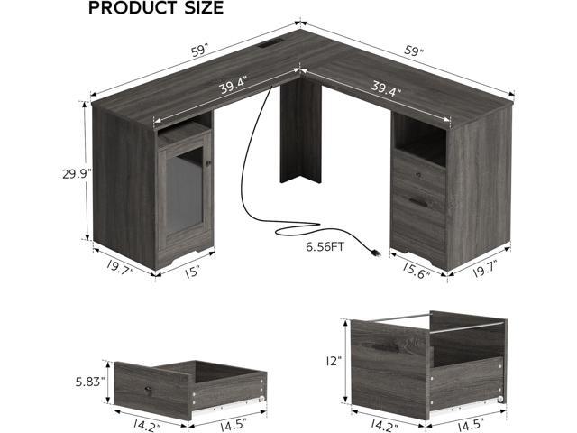 MU L Shaped Desk with File Drawer, 60 Inch Corner Desk with Storage Drawers & Cabinet, Large Home Office Desk with Power Outlets, Wood Executive...
