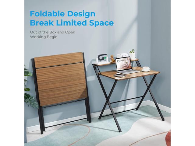 GreenForest Small Folding Desk No Assembly Required, Fully Unfold 27.3 x 22 inch 2-Tier Computer Desk with Shelf Space Saving Foldable Table for...