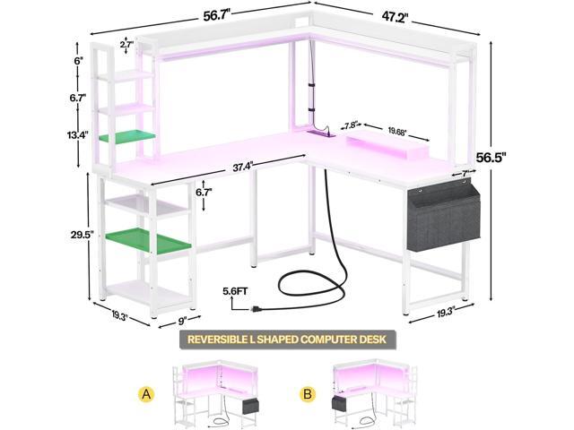 Aheaplus L Shaped Desk with Power Outlet, L Shaped Gaming Desk with Led Light & Hutch, Reversible Home Office Desk, Corner Computer Desk Writing...