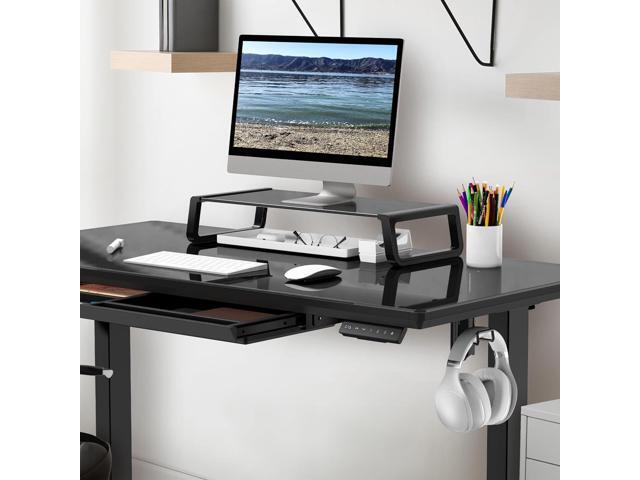 SHW 48-Inch Glass Electric Height Adjustable Desk with Monitor Riser and Drawer, Black