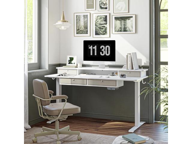 FEZIBO Sturdy Height Adjustable Electric Standing Desk with Drawers, 48 x 24 Inch Stand Up Table with Large Storage Shelf, Sit Stand Desk, White Top