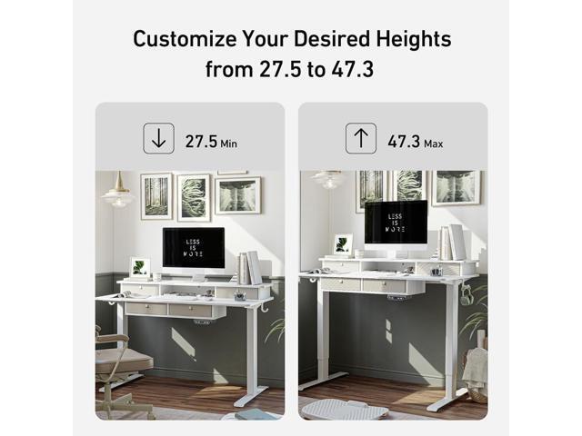 FEZIBO Sturdy Height Adjustable Electric Standing Desk with Drawers, 48 x 24 Inch Stand Up Table with Large Storage Shelf, Sit Stand Desk, White Top