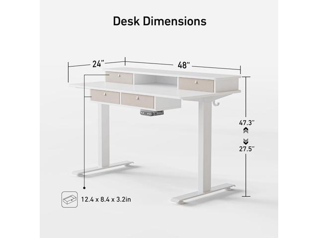 FEZIBO Sturdy Height Adjustable Electric Standing Desk with Drawers, 48 x 24 Inch Stand Up Table with Large Storage Shelf, Sit Stand Desk, White Top