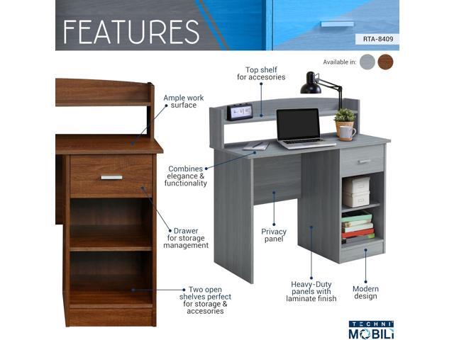 Techni Mobili Modern Office Hutch Writing Desk, Grey