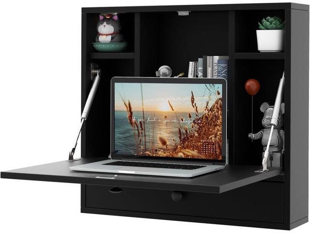 Tangkula Wall Mounted Desk, Folding Floating Wall Mount Laptop Desk, Space Saving Wall Mounted Table with Storage Drawer & Shelves (Black)