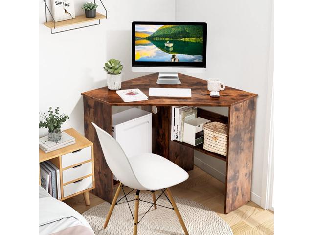 COSTWAY Corner Computer Desk, Space-Saving Triangular Writing Desk w/ 2 Storage Shelves & 2 Cable Holes, Multi-Functional Console Table for Small...