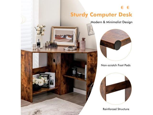 COSTWAY Corner Computer Desk, Space-Saving Triangular Writing Desk w/ 2 Storage Shelves & 2 Cable Holes, Multi-Functional Console Table for Small...