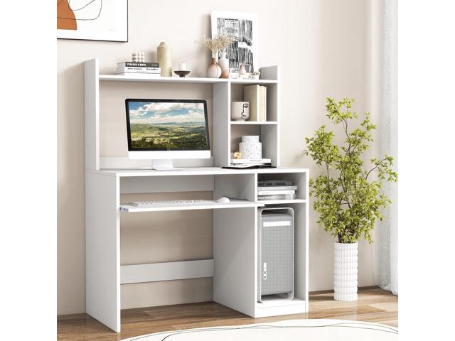 Tangkula White Desk with Hutch &Charging Station, Home Office Desk with Keyboard Tray & CPU Stand, Modern Laptop PC Desk, Space-Saving Writing...