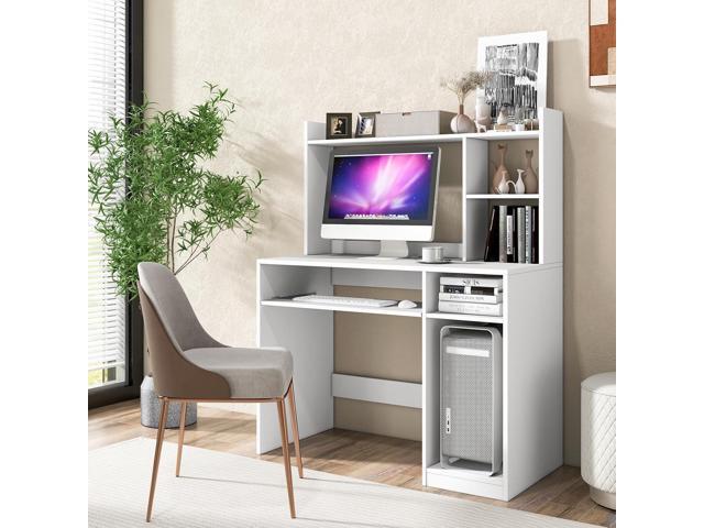 Tangkula White Desk with Hutch &Charging Station, Home Office Desk with Keyboard Tray & CPU Stand, Modern Laptop PC Desk, Space-Saving Writing...