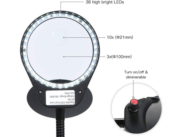 Tom-shine Magnifying Glass Lamp 3X 10X,Stepless Dimmable LED Magnifying Lamp with Dust Cover Metal Clamp,Adjustable LED Magnifier with Light and...