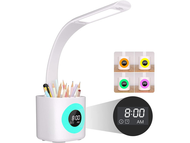 Hokone Desk Lamp for Kids, LED Desk Light for Home Office Dimmable USB Table Lamps with Clock Pen Holder Adjustable Desk Lamps with Color Night...