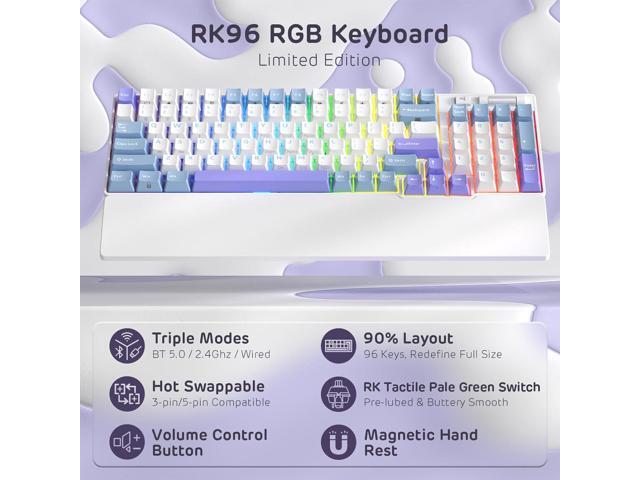 RK ROYAL KLUDGE RK96 RGB Limited Ed, 90% 96 Keys Wireless 3-Mode BT5.0/2.4G/USB-C Hot Swappable Mechanical Keyboard w/Wrist Rest, Volume Control,...