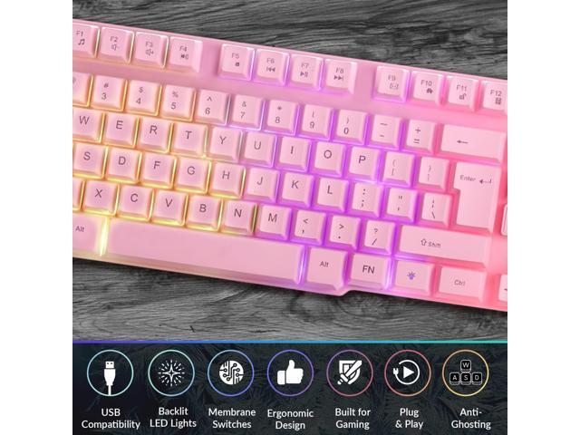 Orzly Pink Gaming Keyboard RGB USB Wired Rainbow Keyboard Designed for PC Gamers, PS4, PS5, Laptop, Xbox, Nintendo Switch, RX-250 Hornet Edition