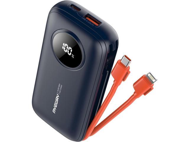 Ayeway Lightweight USB C Battery Pack with Built in Cables,10,000mah Portable Charger High Speed Charging Power Bank with 4 outputs,External...