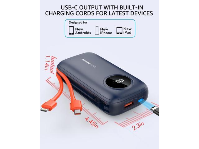 Ayeway Lightweight USB C Battery Pack with Built in Cables,10,000mah Portable Charger High Speed Charging Power Bank with 4 outputs,External...