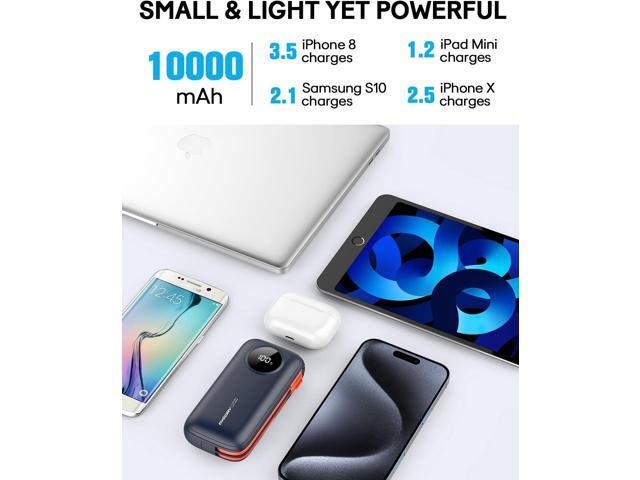 Ayeway Lightweight USB C Battery Pack with Built in Cables,10,000mah Portable Charger High Speed Charging Power Bank with 4 outputs,External...