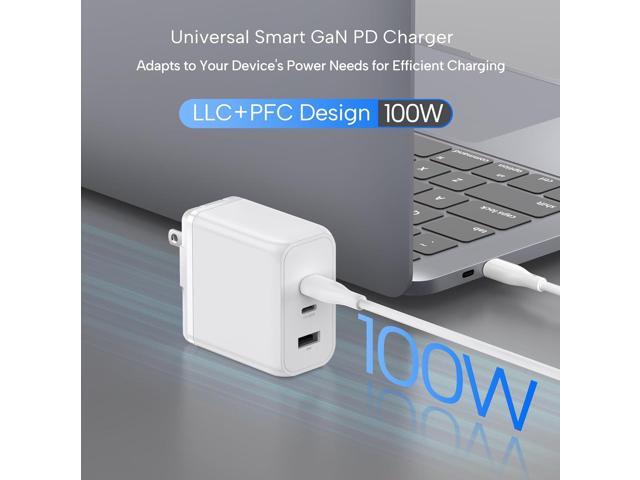 100W Smart GaN PD Charger, 6.6ft/2m 100W E-Mark Cable, 3 Ports (2 USB-C, 1 USB-A), Compatible with MacBook Pro, Pixelbook, ThinkPad, XPS, iPad Pro,...