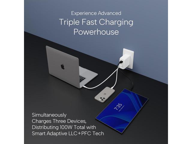 100W Smart GaN PD Charger, 6.6ft/2m 100W E-Mark Cable, 3 Ports (2 USB-C, 1 USB-A), Compatible with MacBook Pro, Pixelbook, ThinkPad, XPS, iPad Pro,...