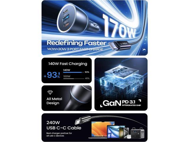 LISEN 170W GaN Car Charger USB C Fast Charge PD3.1 140W 3 Port Super Fast Charging Car Charger Laptop for iPad Pro Air Cigarette Lighter Adapter...