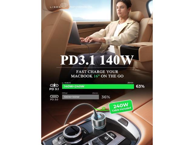 LISEN 170W GaN Car Charger USB C Fast Charge PD3.1 140W 3 Port Super Fast Charging Car Charger Laptop for iPad Pro Air Cigarette Lighter Adapter...