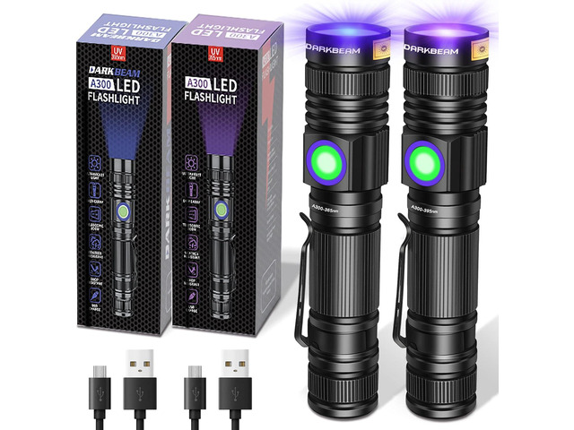 DARKBEAM UV Flashlight 365nm & 395nm Blacklight Rechargeable USB, Woods Lamp Ultraviolet Black Light LED Portable - Detector for Pet Cat Urine,...
