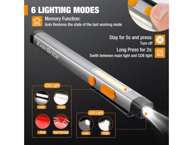 EverBrite Pen Flashlight, Rechargeable LED Pen Light, COB Light with White and Red Modes, Memory Function, USB C Cable, 6 Modes Pocket Light with...