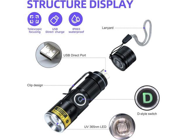 UV 365nm Black lights Flashlights USB Rechargeable, Wood's Lamp Ultraviolet LED Portable Mini, blacklight for cat urine detection Dry Stains,...