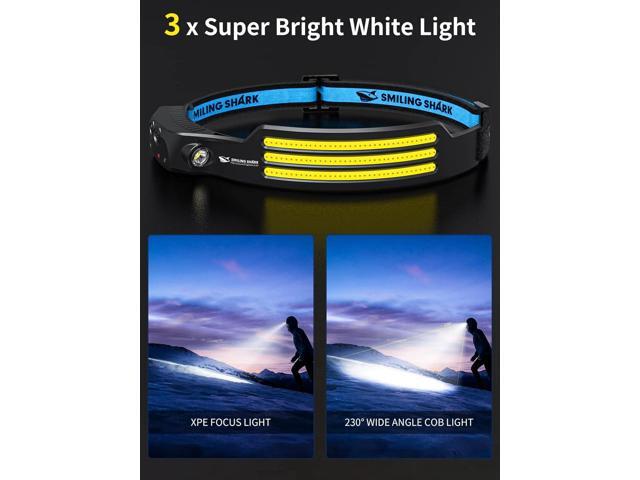 Smiling Shark LED Headlamp, 230°Wide Angle 3*White Light Strips The Brightest Head Lamp Rechargeable with Motion Sensor Waterproof Headlight for...