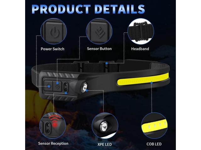 Headlamp Rechargeable 5Pack, 230° Wide Beam Head Lamp with 2 Spotlights, LED Headlamp with Motion Sensor, 5Mode Rechargeable Headlamp, Head Lights...