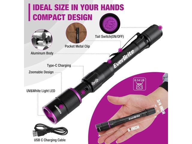 EverBrite Rechargeable Pen Flashlight with UV Light and White Light, 395nm Black Flashlight with Clip, Zoomable 4 Modes with Memory Function, USB C...