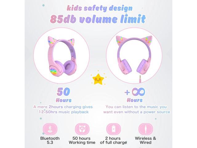 Riwbox CF9 Cat Ear Kids Bluetooth Headphones with LED Light Up,Safe 85dB Volume Limit,Built-in Mic & Boom Mic for Calls,Kids Wireless & Wired...