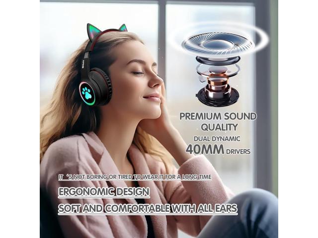 Headphones Cat Ear Wireless Bluetooth 5.3 60H Over Ear, 8H with Led Light Foldable Music Gaming Headset with Aux 3.5mm Mic for Game TV Pad Tablet...