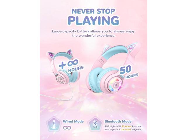 iClever Cat Ear Kids Bluetooth Headphones, LED Lights Up, 74/85/94dB Volume Limited, 50H Playtime,Bluetooth 5.2, USB C, Kids Headphones Wireless...
