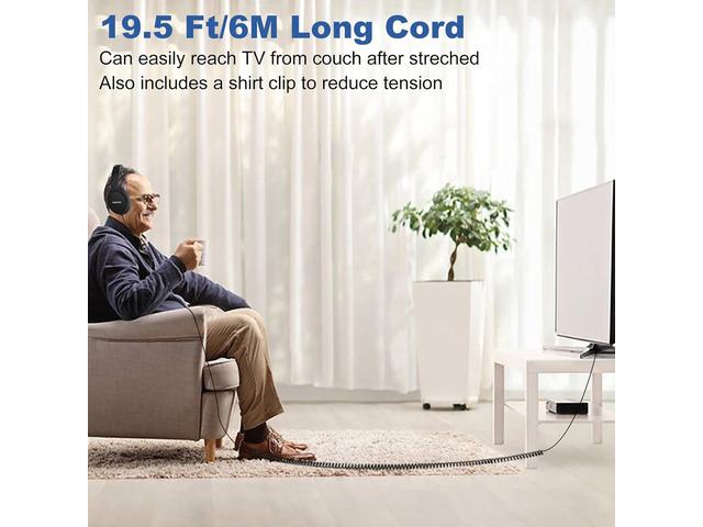19.5Ft / 6M Extra Long Cord Headphones for TV PC with Volume Control, Spring Coiled Cable, 3.5mm AUX, Wired Over Ear Earphones for Seniors Hard of...
