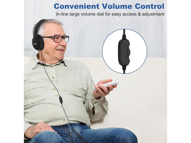 19.5Ft / 6M Extra Long Cord Headphones for TV PC with Volume Control, Spring Coiled Cable, 3.5mm AUX, Wired Over Ear Earphones for Seniors Hard of...
