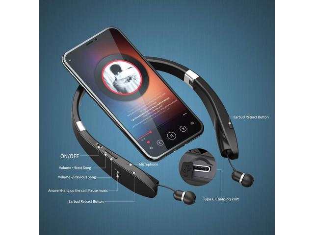 AMORNO Foldable Bluetooth Headphones Wireless Neckband Headset with Retractable Earbuds, Sports Sweatproof Noise Cancelling Stereo Earphones with Mic