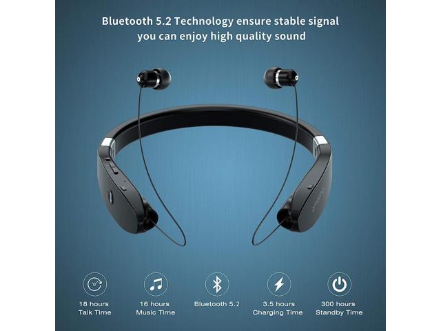 AMORNO Foldable Bluetooth Headphones Wireless Neckband Headset with Retractable Earbuds, Sports Sweatproof Noise Cancelling Stereo Earphones with Mic