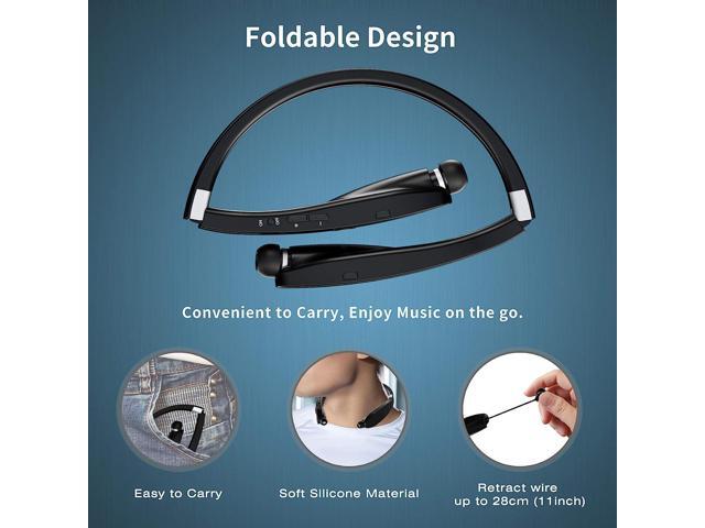 AMORNO Foldable Bluetooth Headphones Wireless Neckband Headset with Retractable Earbuds, Sports Sweatproof Noise Cancelling Stereo Earphones with Mic