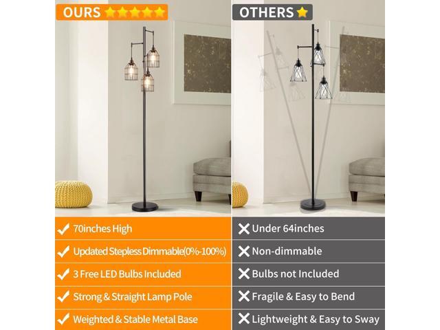 70' Dimmable Floor Lamp for Living Room, Industrial 3-Light Tree Floor Lamp Black with Cages, Farmhouse Rustic Tall Standing Lamp Floor Lighting...